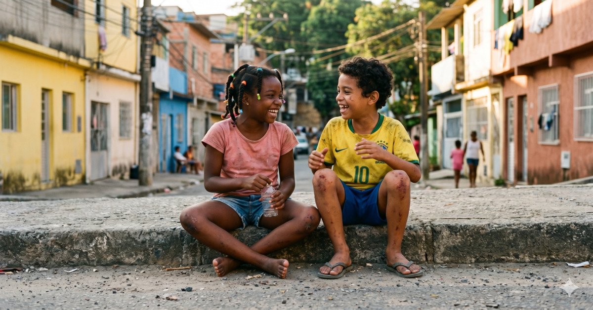 Duas crianças sentadas no meio-fio de uma rua, conversando e rindo sozinhas em uma tarde ensolarada