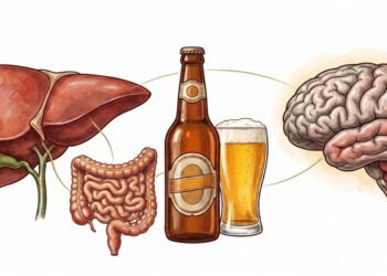 Ilustração do eixo intestino-fígado-cérebro mostrando os órgãos conectados por linhas finas ao redor de uma garrafa e um copo de cerveja.
