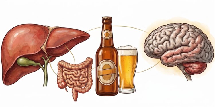 Ilustração do eixo intestino-fígado-cérebro mostrando os órgãos conectados por linhas finas ao redor de uma garrafa e um copo de cerveja.