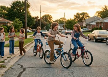 Grupo de crianças brincando na rua com bicicletas em final dos anos 1970, com tons quentes e estilo de fotografia documental