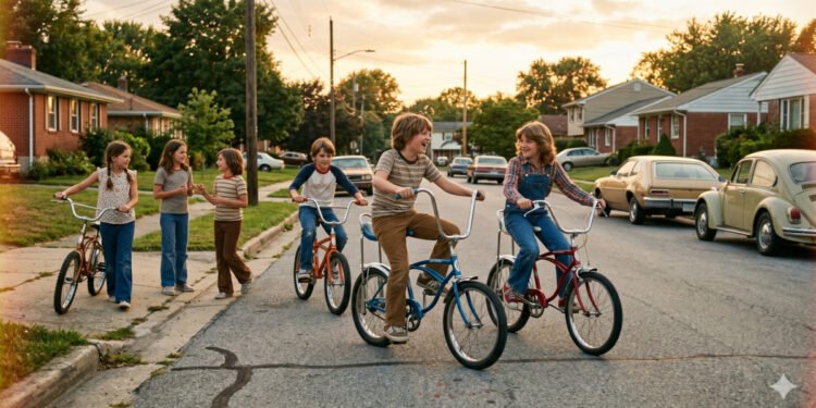 Grupo de crianças brincando na rua com bicicletas em final dos anos 1970, com tons quentes e estilo de fotografia documental