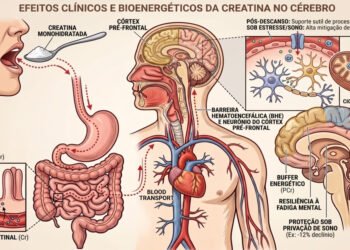 Infográfico detalhado em português mostrando a jornada da creatina no corpo: absorção intestinal, transporte sanguíneo e passagem pela barreira hematoencefálica (BHE). O diagrama detalha o ciclo mitocondrial de ATP e fosfocreatina (PCr) nos neurônios do córtex pré-frontal, destacando a resiliência à fadiga mental e proteção cognitiva sob privação de sono.