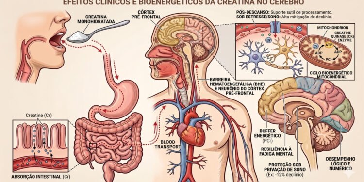Infográfico detalhado em português mostrando a jornada da creatina no corpo: absorção intestinal, transporte sanguíneo e passagem pela barreira hematoencefálica (BHE). O diagrama detalha o ciclo mitocondrial de ATP e fosfocreatina (PCr) nos neurônios do córtex pré-frontal, destacando a resiliência à fadiga mental e proteção cognitiva sob privação de sono.