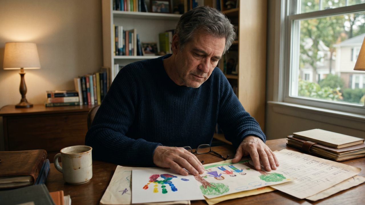 A psicologia diz que o pai que guarda cada desenho, cada boletim, e cada impressão da mão não é sentimental, ele está tentando provar a si mesmo que os anos realmente aconteceram