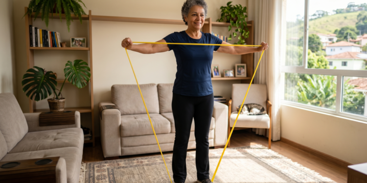 Este treino com 4 movimentos de faixa elástica para quem passou dos 60 ajuda a abrir os ombros e recuperar força para tarefas do dia a dia