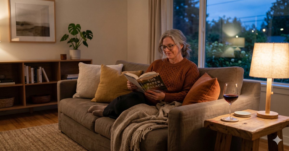 Mulher de meia-idade sentada sozinha no sofá ao entardecer, lendo um livro com expressão serena, em ambiente aconchegante com iluminação quente