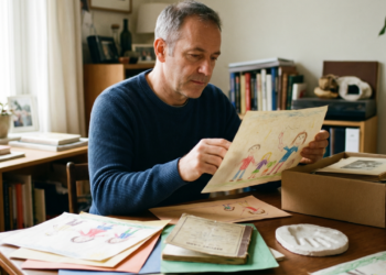 A psicologia diz que o pai que guarda cada desenho, cada boletim, e cada impressão da mão não é sentimental, ele está tentando provar a si mesmo que os anos realmente aconteceram