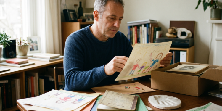 A psicologia diz que o pai que guarda cada desenho, cada boletim, e cada impressão da mão não é sentimental, ele está tentando provar a si mesmo que os anos realmente aconteceram