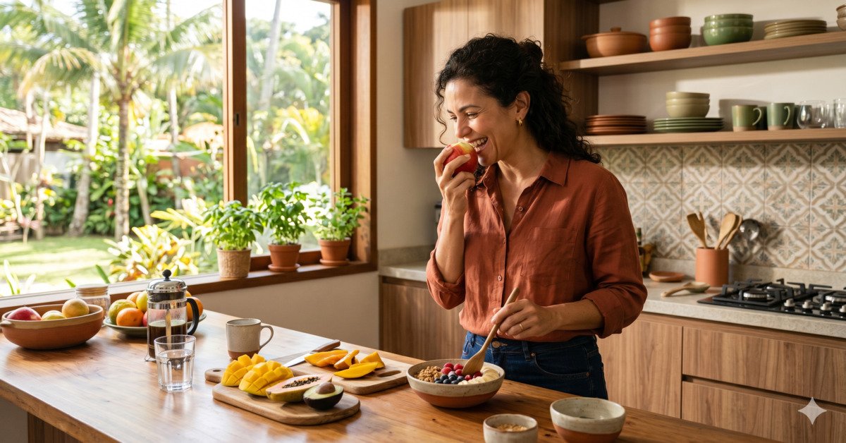 Mulher comendo maçã durante o café da manhã em cozinha iluminada naturalmente
