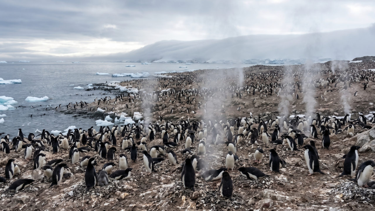 Estudos mostram que os excrementos de pinguins liberam amônia na atmosfera, e esse composto pode favorecer a formação de partículas que contribuem para nuvens sobre áreas costeiras da Antártida