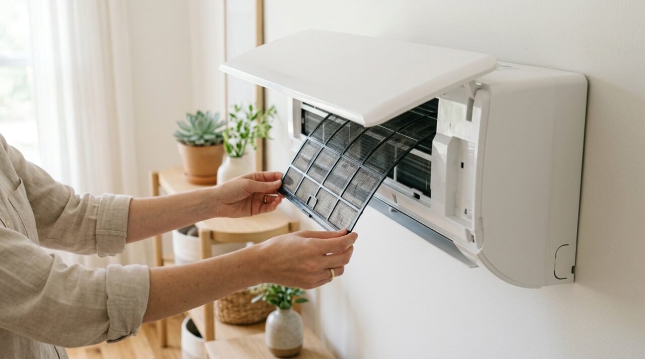 Manter o filtro limpo ajuda o aparelho a aquecer com mais eficiência e a gastar menos energia. Imagem gerada por IA.