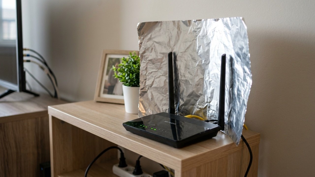 Papel-alumínio atrás do roteador para melhorar o sinal Wi-Fi