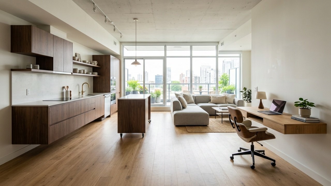 Este projeto de 45 m2 elimina paredes internas e aposta em móveis flutuantes para criar um apartamento compacto com cara de cobertura de luxo