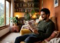Homem relaxado em ambiente aquecido confortavelmente.