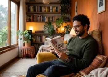 Homem relaxado em ambiente aquecido confortavelmente.