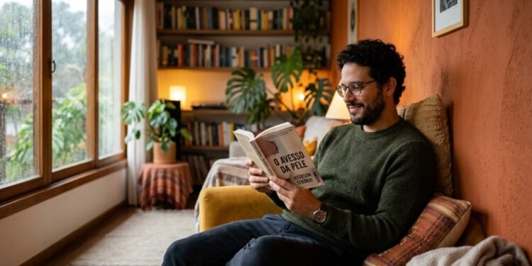 Homem relaxado em ambiente aquecido confortavelmente.