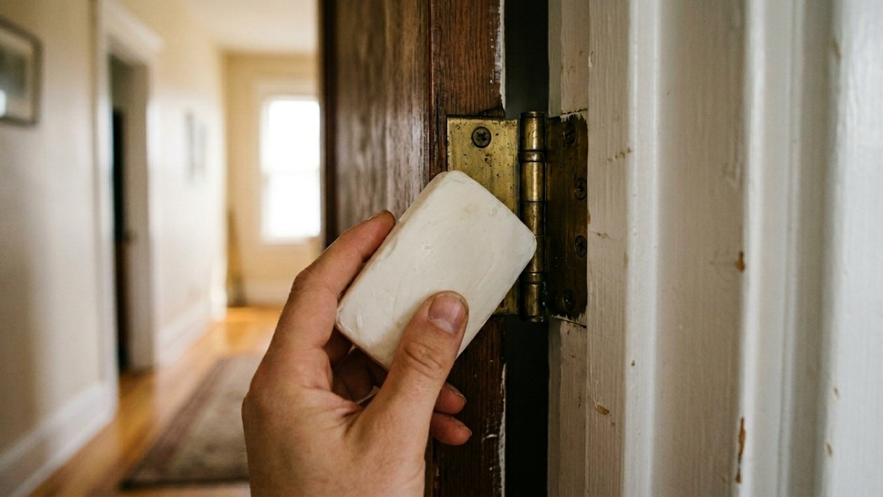 Passar sabonete em barra no pino da dobradiça elimina o ruído irritante das portas antigas de forma permanente e sem manchas