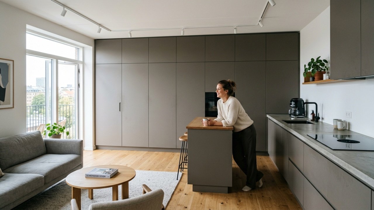 A tecnologia das portas escamoteáveis que esconde a lavanderia na cozinha e devolve o espaço perdido à sala de estar