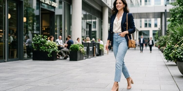 O salto que faz o jeans de lavagem clara parecer mais elegante do que tênis ou sapato neutro