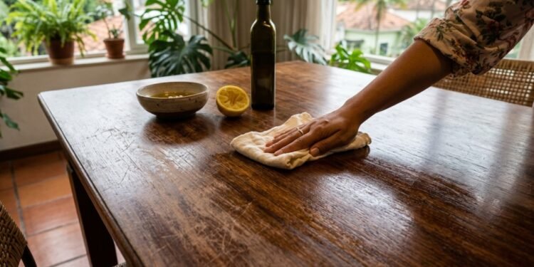 Misture azeite e suco de limão da próxima vez que for limpar móveis de madeira e veja os arranhões superficiais desaparecerem
