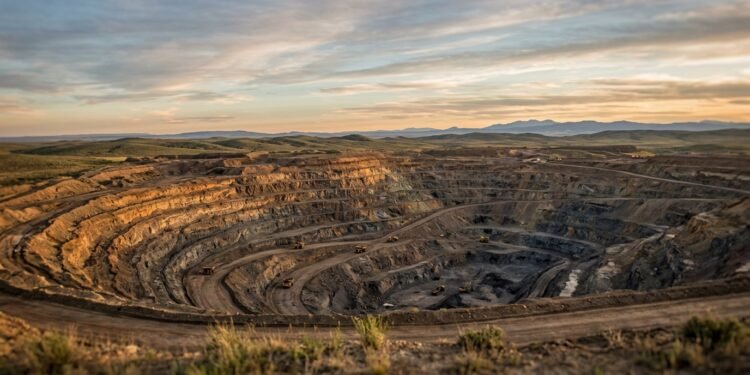 Mina a céu aberto no Wyoming, Estados Unidos, em paisagem árida ao entardecer