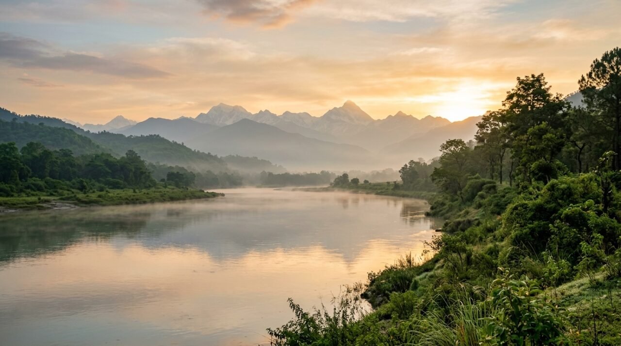 Rio calmo ao amanhecer com montanhas do Himalaia ao fundo, em paisagem serena da Índia