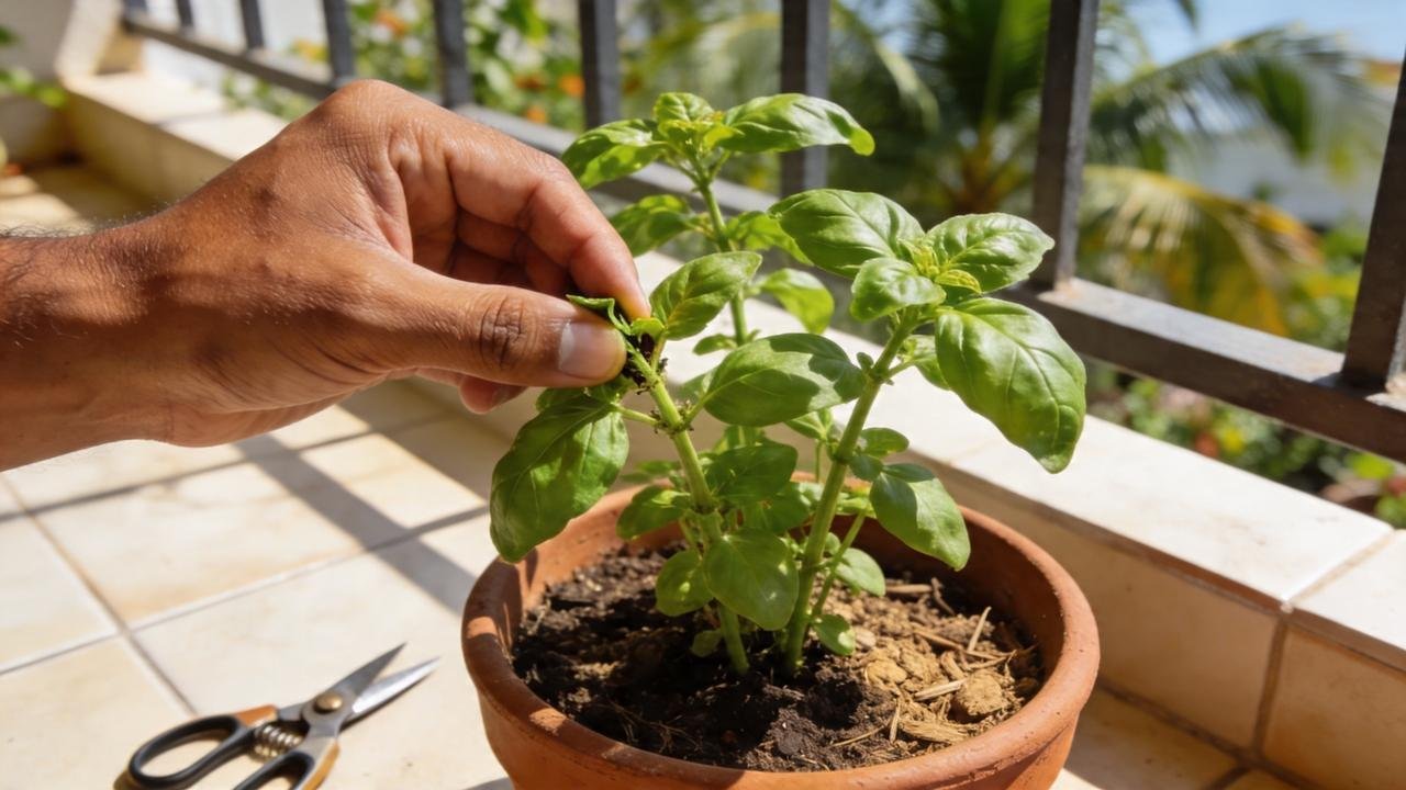 Poda leve no manjericão estimula brotações, aroma intenso e folhas saudáveis.
