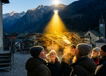 O povo de uma vila nas montanhas iluminado por um espelho que "rouba o sol" durante o inverno para tirar a cidade da escuridão