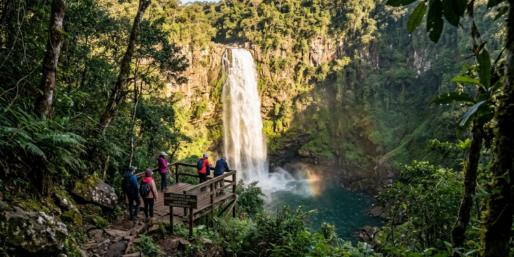 São 156 metros de queda d’água em uma pequena cidade de 8 mil moradores que encanta com natureza selvagem e a maior cachoeira do estado