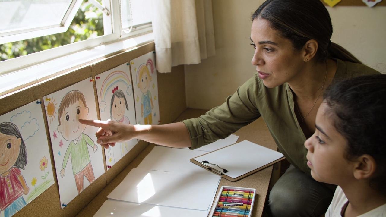 Escuta pedagógica valoriza criatividade e narrativa nos desenhos das crianças.