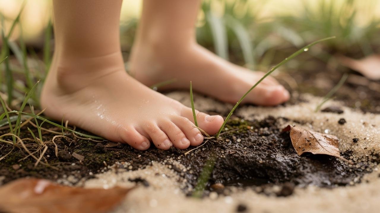 Texturas como grama, terra e areia ampliam experiências sensoriais na infância.