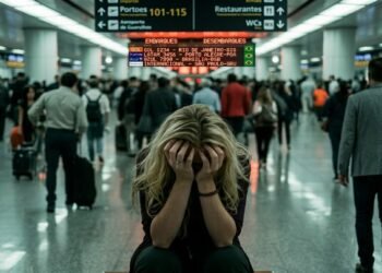 Viajante com passaporte e mala observando painel de voos em aeroporto internacional