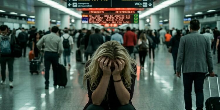 Viajante com passaporte e mala observando painel de voos em aeroporto internacional