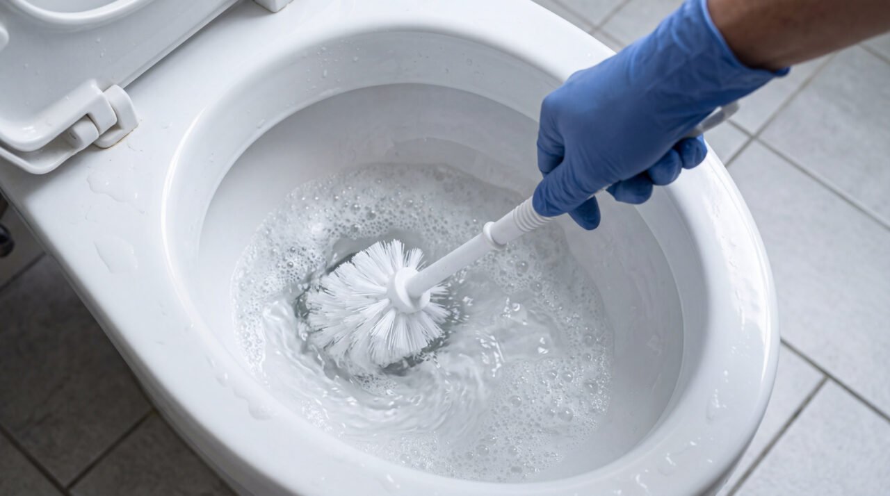 Pessoa usando luva de borracha azul esfrega a parte interna de um vaso sanitário branco com uma escova, enquanto a espuma do produto de limpeza se forma na água