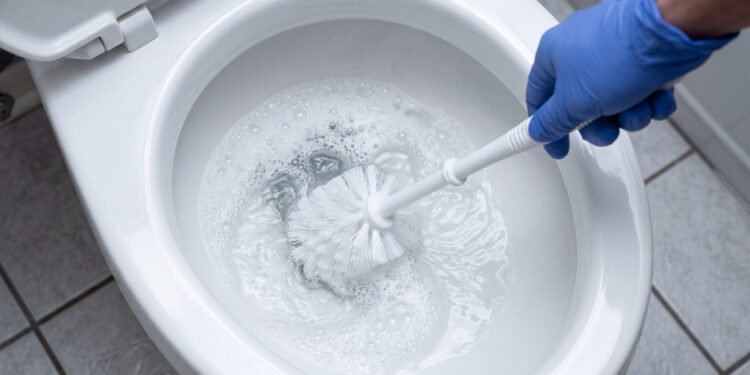 Pessoa usando luva de borracha azul esfrega a parte interna de um vaso sanitário branco com uma escova, enquanto a espuma do produto de limpeza se forma na água