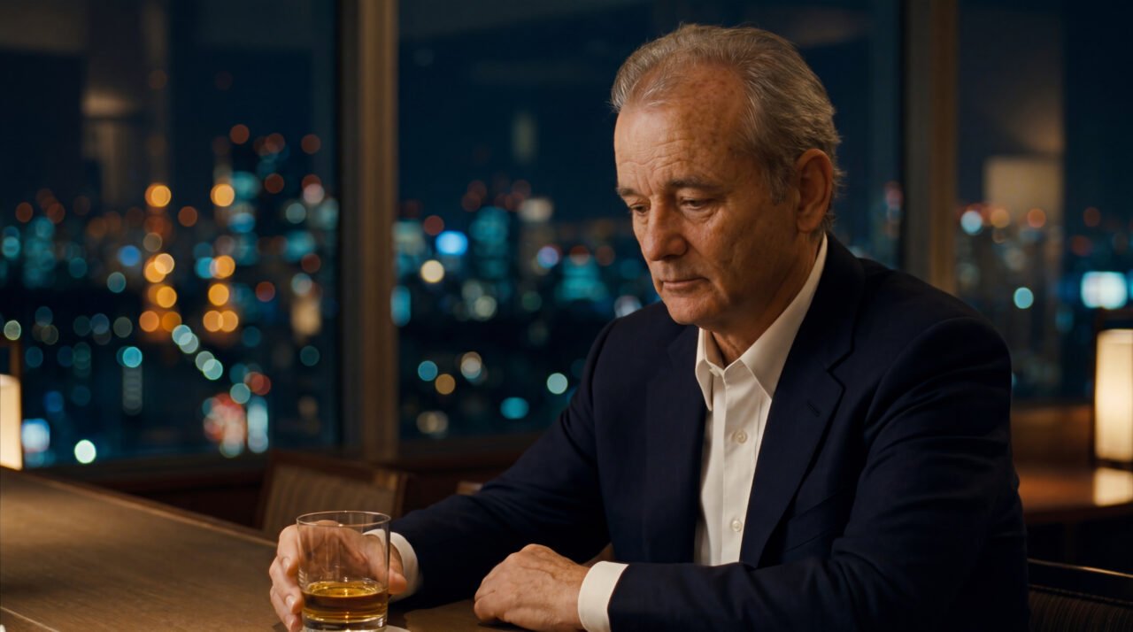 Bill Murray como Bob Harris em cena solitária no bar do hotel em Encontros e Desencontros