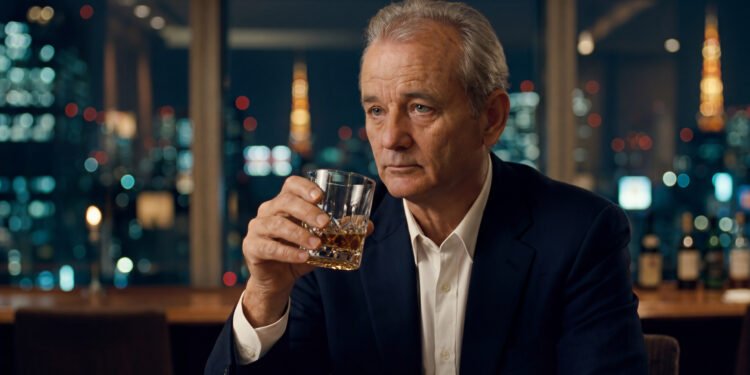 Bill Murray como Bob Harris em cena solitária no bar do hotel em Encontros e Desencontros