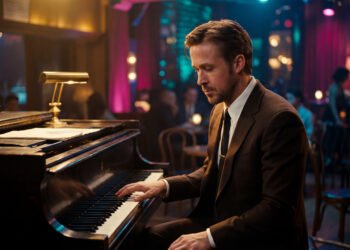 Ryan Gosling como Sebastian Wilder tocando piano em cena de La La Land