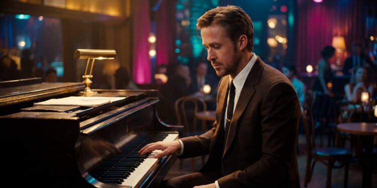 Ryan Gosling como Sebastian Wilder tocando piano em cena de La La Land