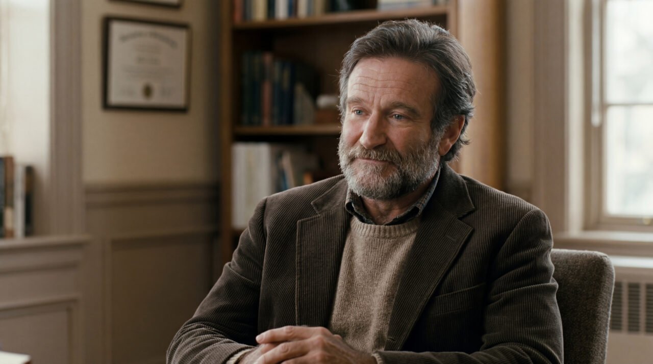 Robin Williams como Sean Maguire em cena emocional do filme Gênio Indomável