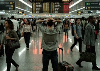 Homem de costas com as mãos na cabeça demonstra frustração ao olhar painel de aeroporto com voos domésticos marcados como cancelados.