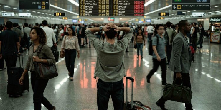 Homem de costas com as mãos na cabeça demonstra frustração ao olhar painel de aeroporto com voos domésticos marcados como cancelados.