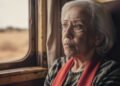 Retrato cinematográfico de uma mulher idosa com expressão pensativa em um trem atravessando o sertão
