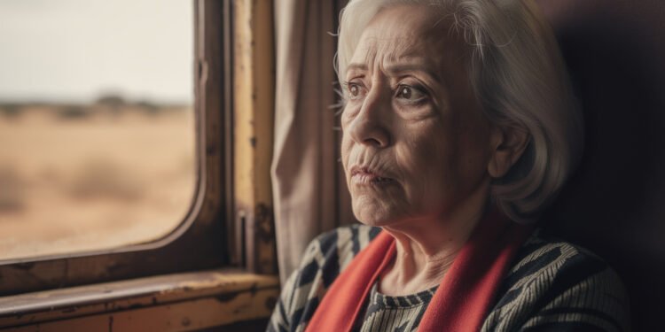 Retrato cinematográfico de uma mulher idosa com expressão pensativa em um trem atravessando o sertão