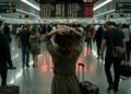 Mulher com mãos na cabeça diante do painel de voos cancelados no Aeroporto do Recife após chuvas em Pernambuco — voos para Salvador, Fortaleza, Manaus, Belém e Natal cancelados