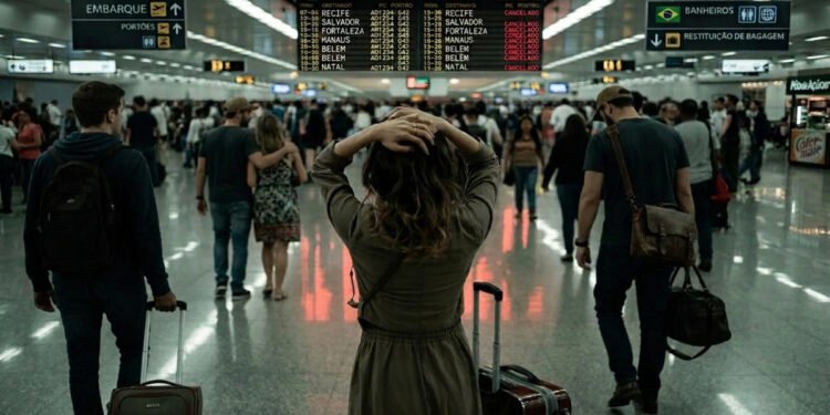 Mulher com mãos na cabeça diante do painel de voos cancelados no Aeroporto do Recife após chuvas em Pernambuco — voos para Salvador, Fortaleza, Manaus, Belém e Natal cancelados
