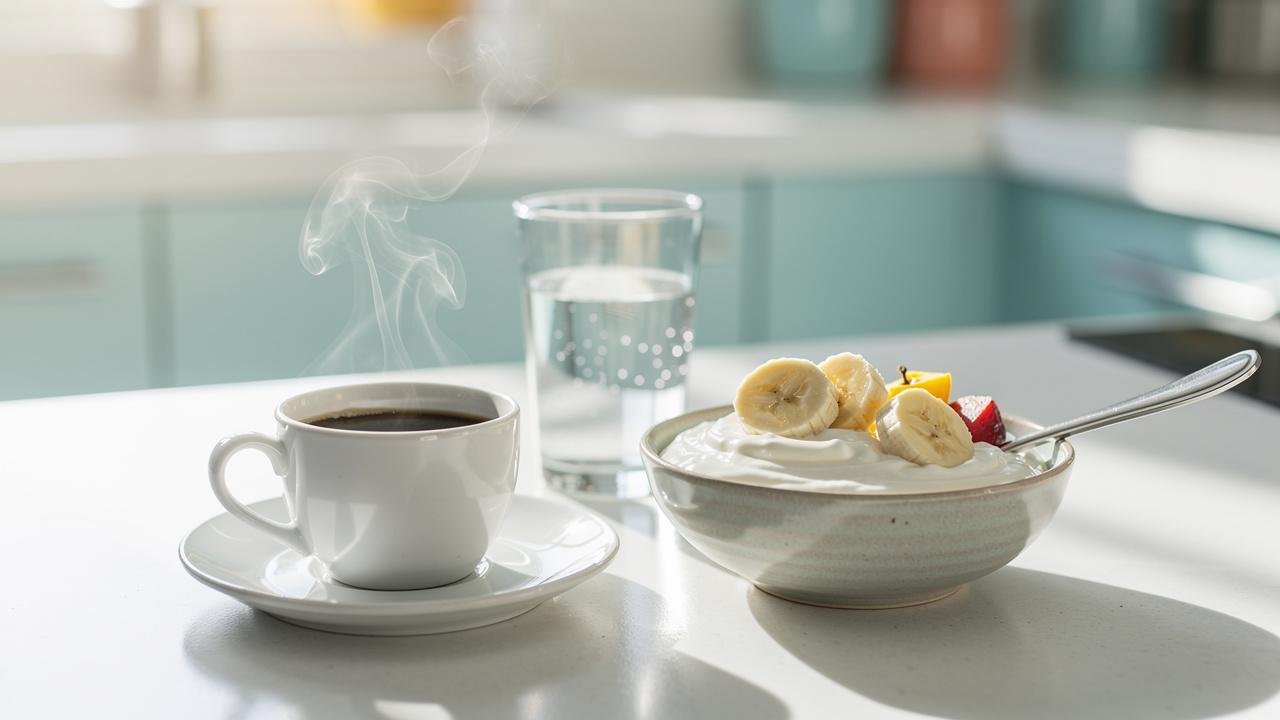 Água e alimento leve ajudam a suavizar os efeitos matinais do café.