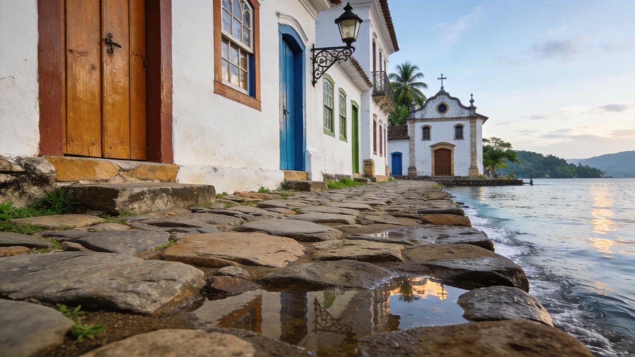 Pedras, fachadas e reflexos revelam a engenharia urbana singular de Paraty.
