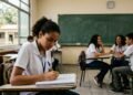 Estudante adolescente concentrado escrevendo em um caderno em sala de aula, com colegas conversando ao fundo