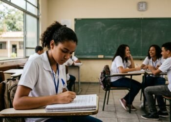 Estudante adolescente concentrado escrevendo em um caderno em sala de aula, com colegas conversando ao fundo